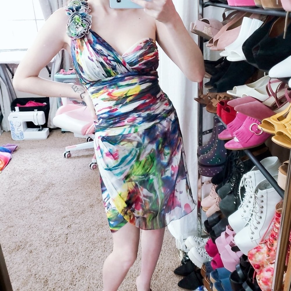 Vintage Jovani Watercolor One Shoulder Silk Dress